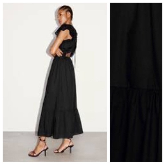 NWT. Zara Black Midi Dress with Perforated Embroideries. Size L. - Picture 4 of 13